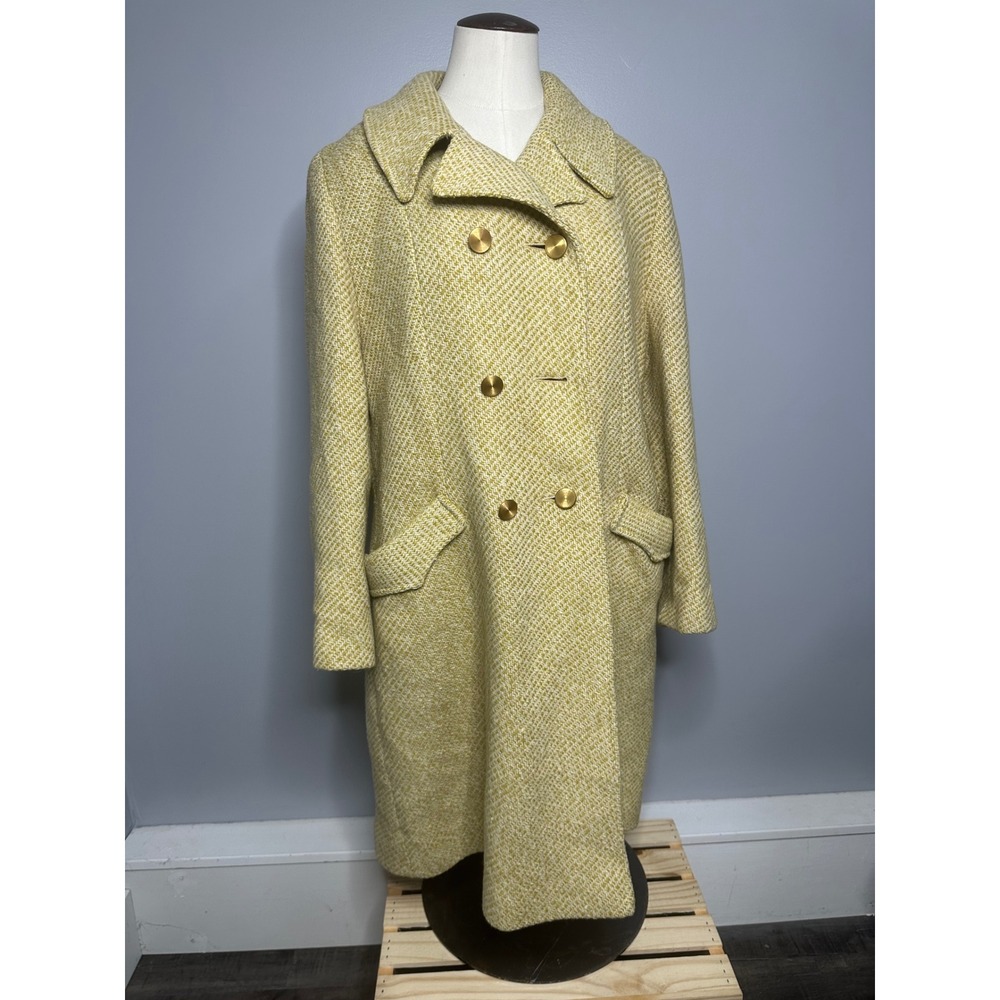 Vintage ILGWU Union Made Yellow Tweed Wool Coat Double Breasted Gold Buttons